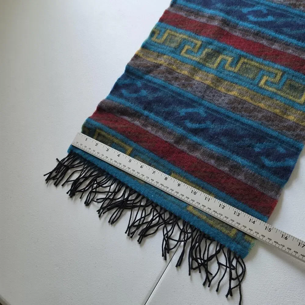 Geometric Merino Wool Scarf Mens One Size Multicolor Fringe Made In Germany
